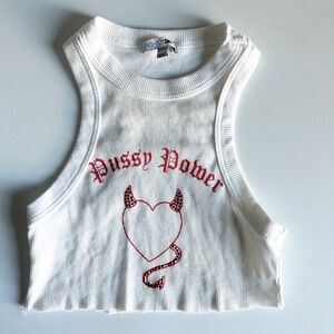 Fashion Nova Womens Feminist Ribbed P Power Devil Heart Rhinestone Crop Tank Top